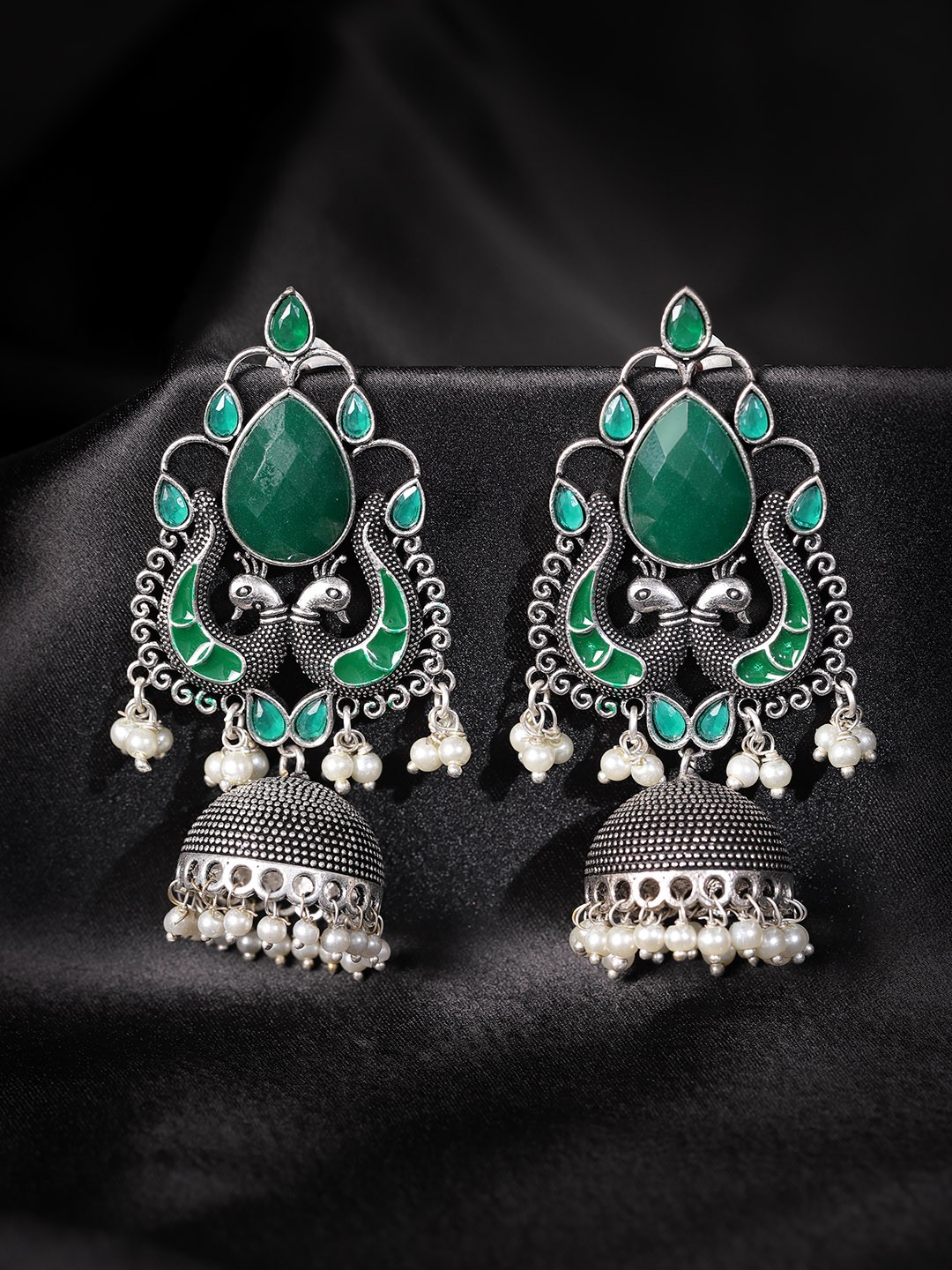 

Zobby Green Oxidised Silver-Plated Stone-Studded Handcrafted Dome-Shaped Jhumkas