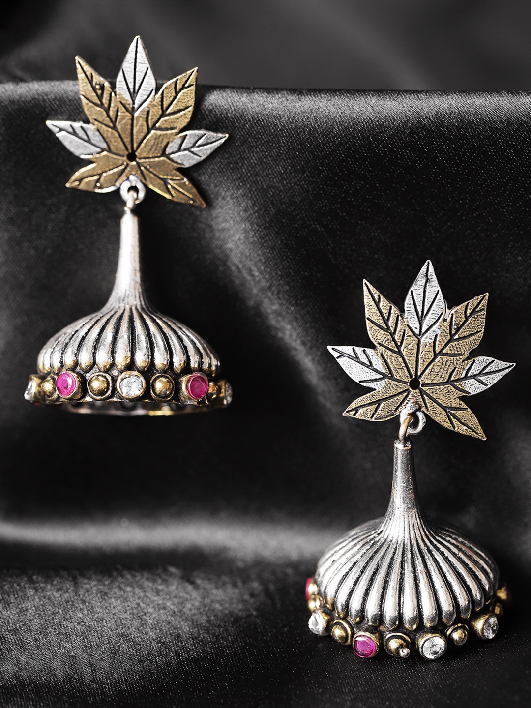 

Zobby Antique Gold-Toned Silver-Plated Handcrafted Stone-Studded Dome-Shaped Jhumkas