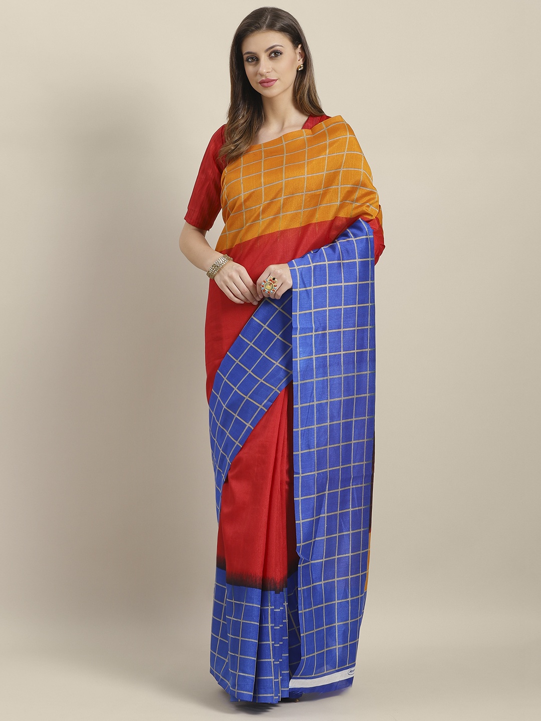 

Saree mall Red & Mustard Yellow Colourblocked Bhagalpuri Saree