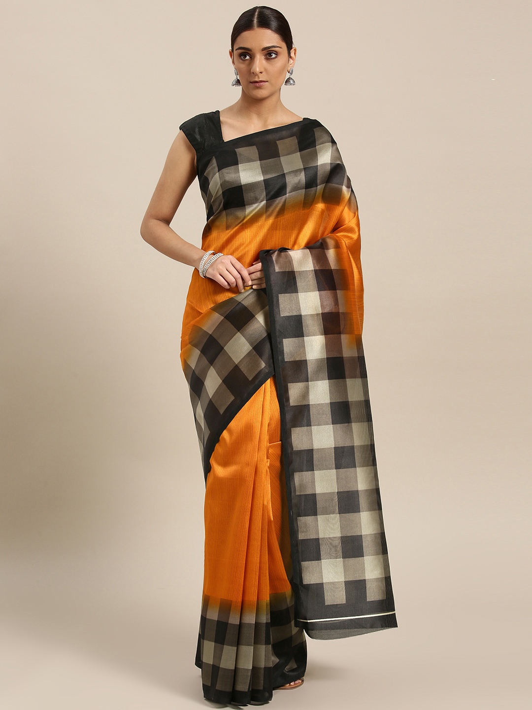 

Saree mall Mustard Yellow & Black Self-Striped Bhagalpuri Saree