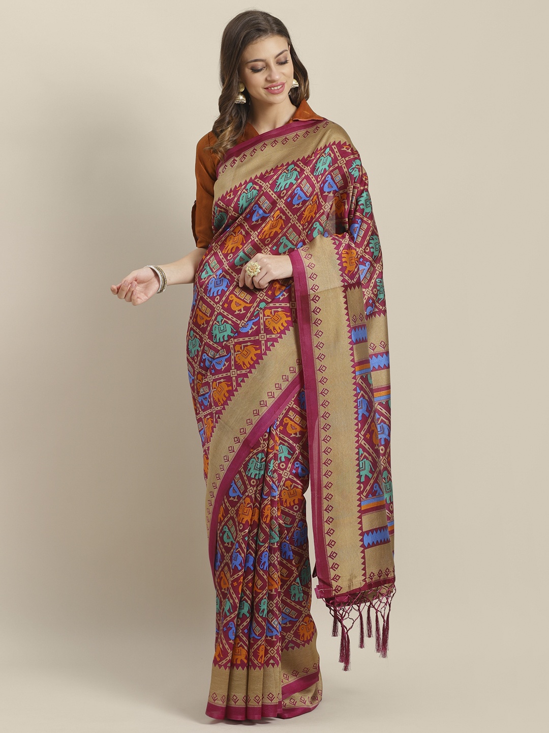 

Saree mall Magenta & Blue Printed Bhagalpuri Saree