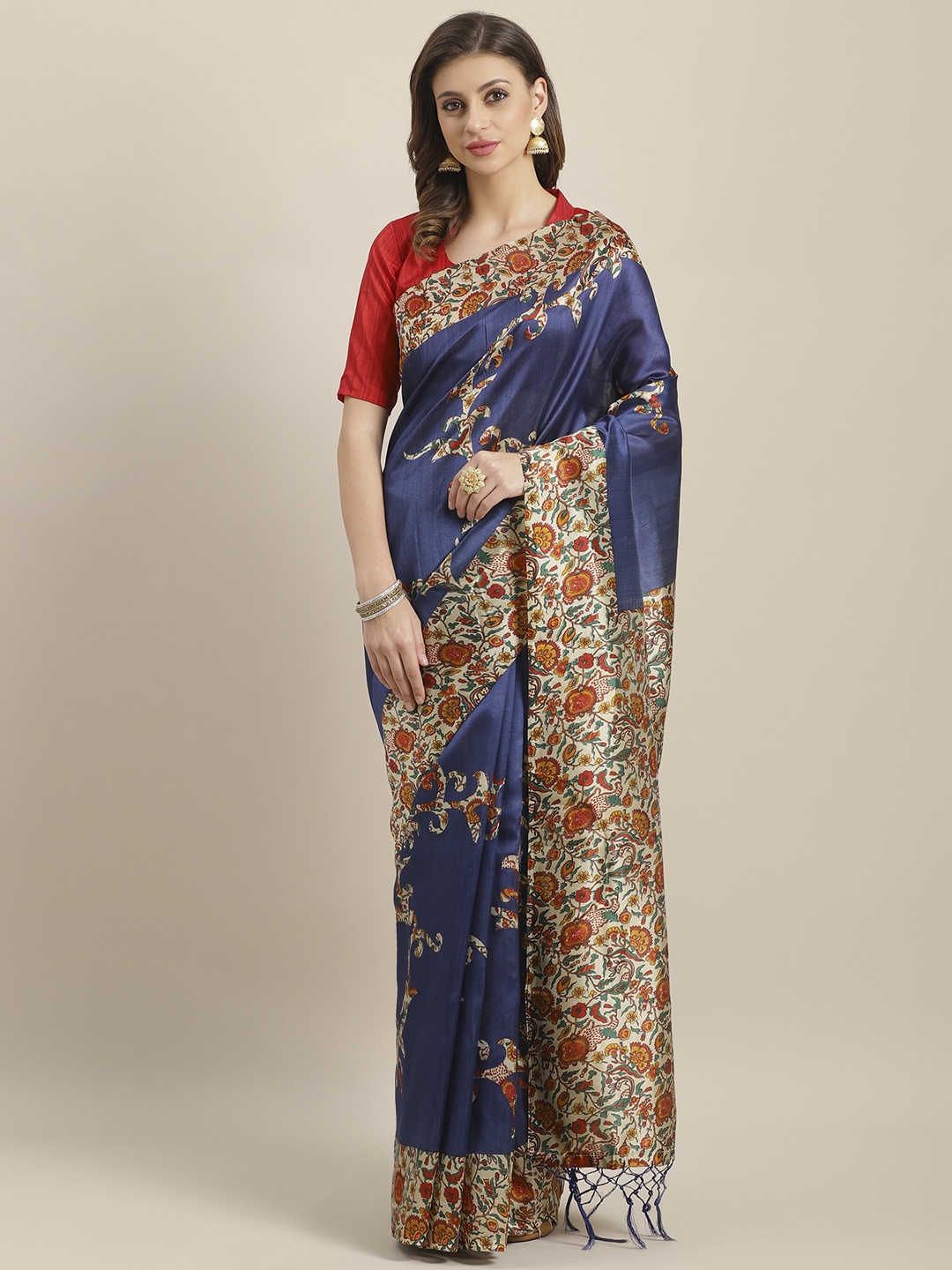 

Saree mall Navy Blue & Beige Printed Bhagalpuri Saree