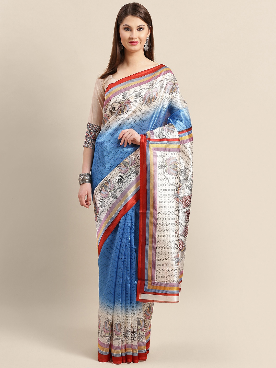 

Saree mall Blue & Off-White Printed Bhagalpuri Saree