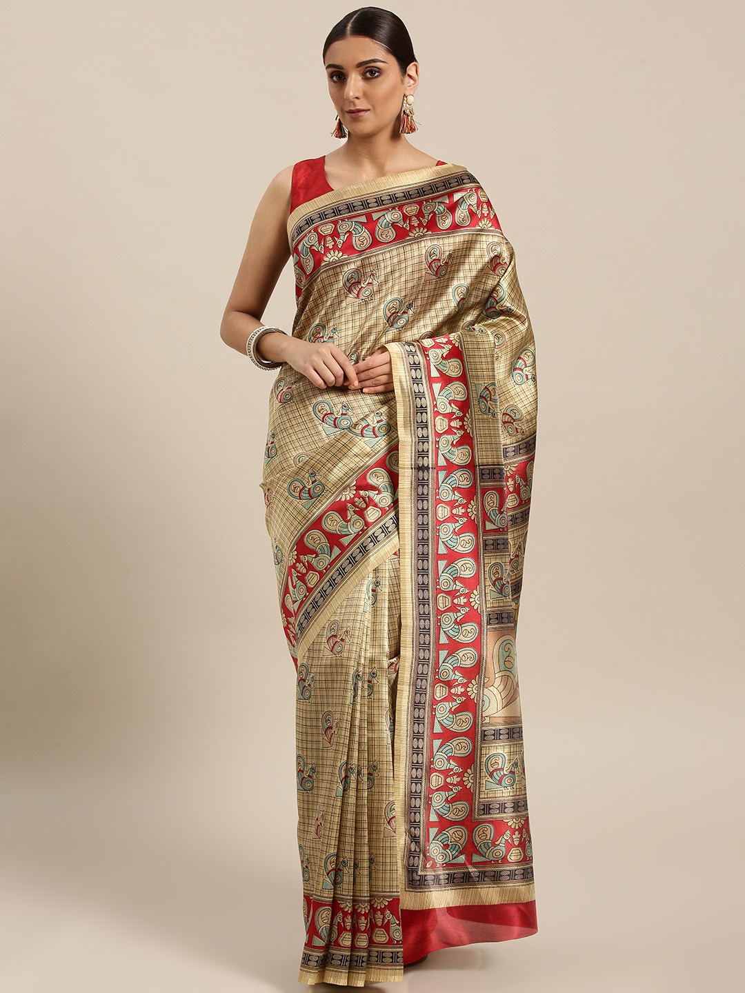 

Saree mall Beige & Green Printed Bhagalpuri Saree