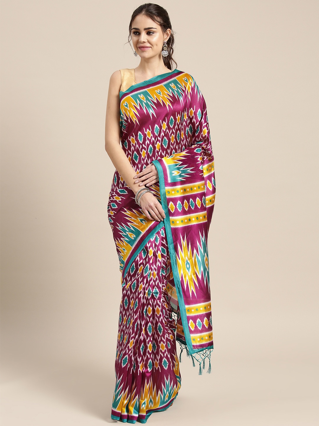 

Saree mall Magenta & Mustard Yellow Printed Bhagalpuri Saree