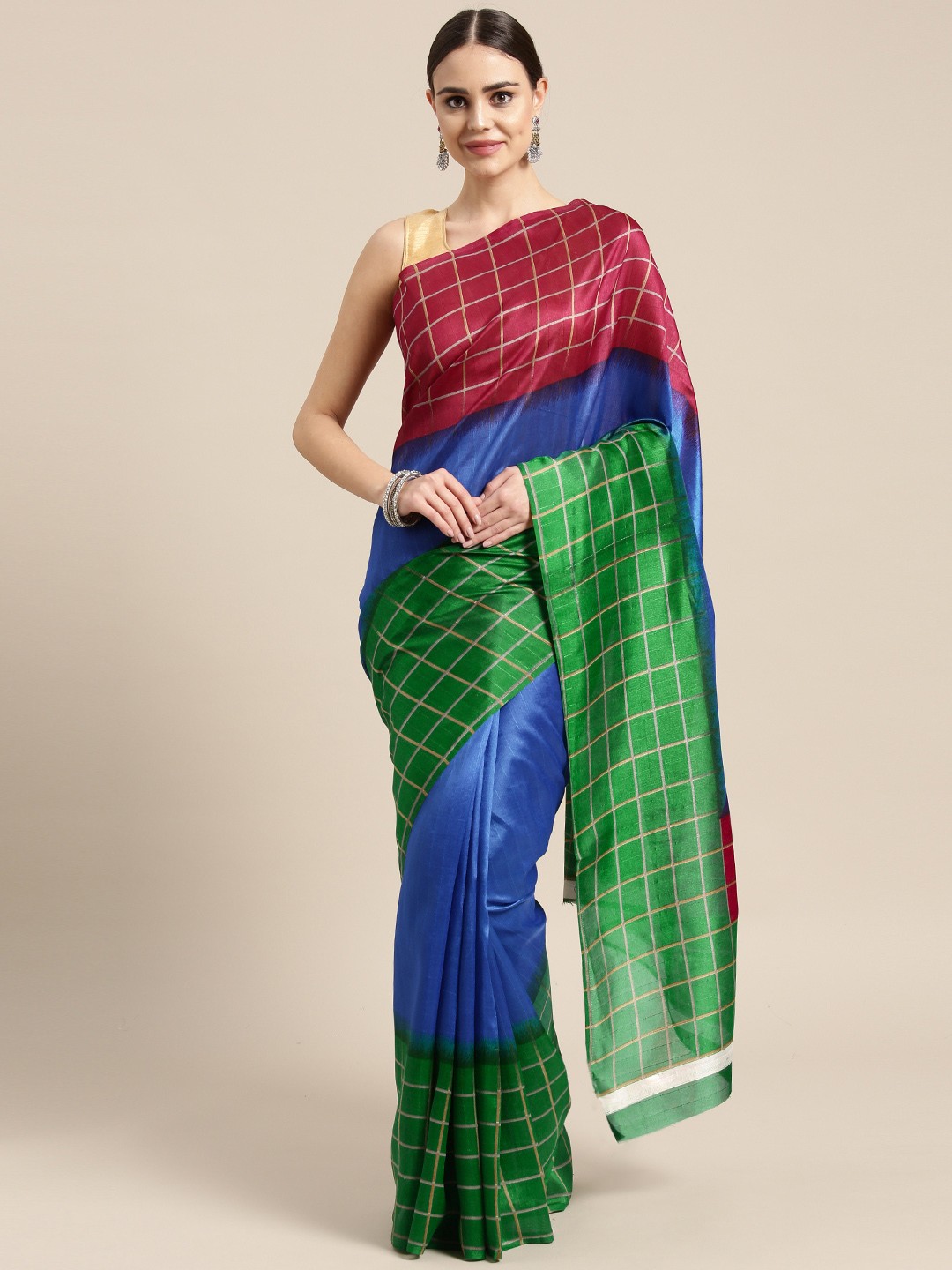 

Saree mall Blue & Green Striped Bhagalpuri Saree