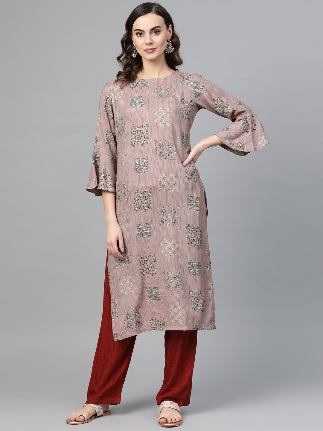 

Inddus Women Taupe Printed Kurta with Palazzos