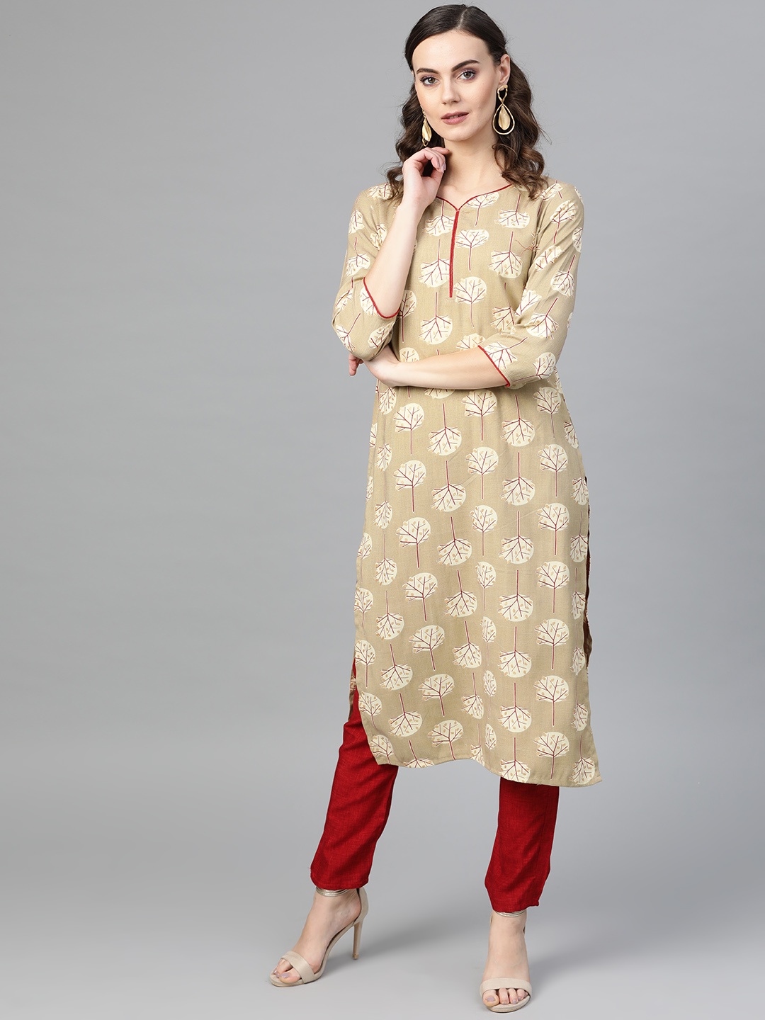 

Inddus Women Beige & Maroon Printed Kurta with Trousers