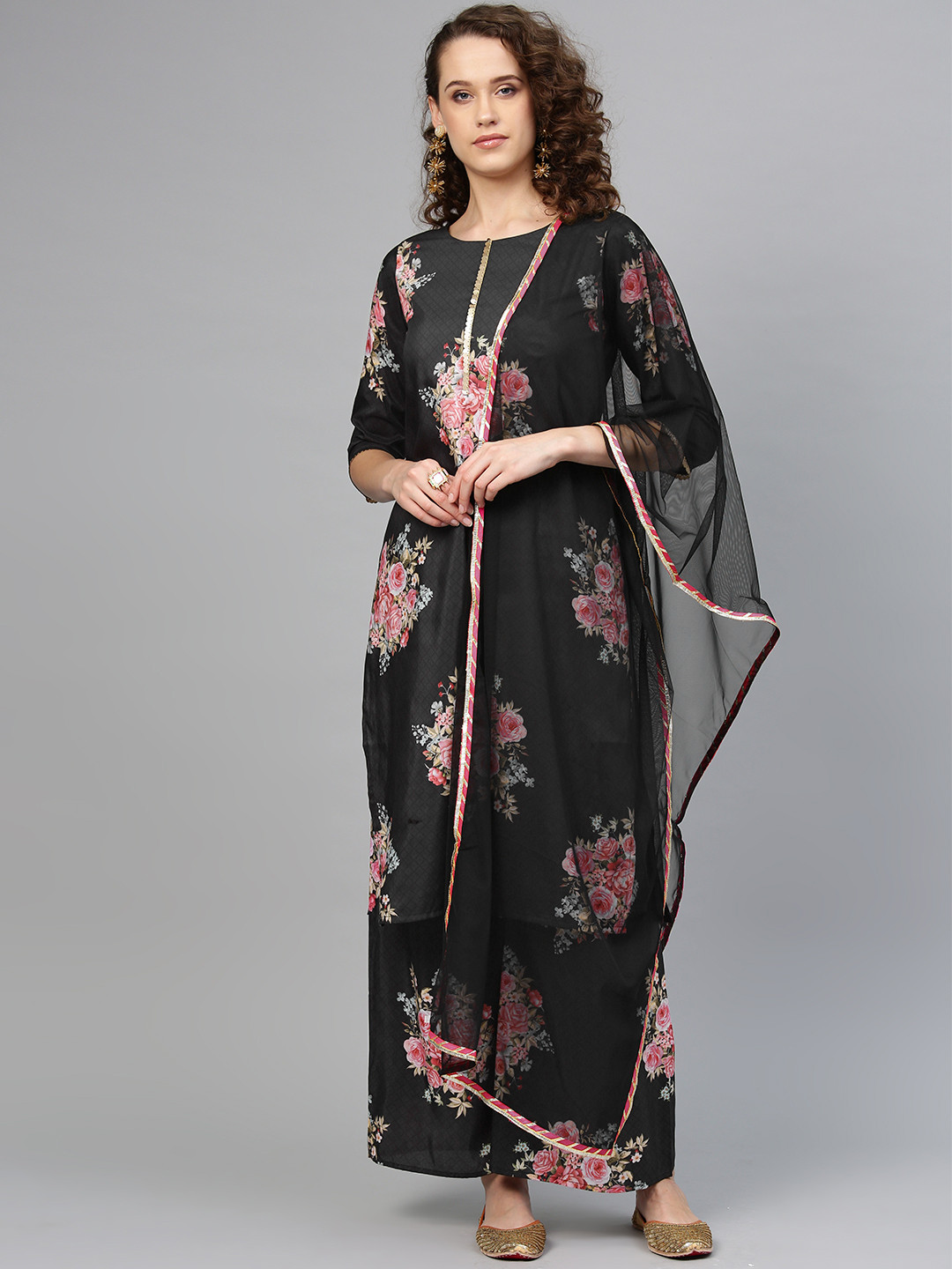 

Ahalyaa Women Black & Pink Printed Kurta with Palazzos & Dupatta