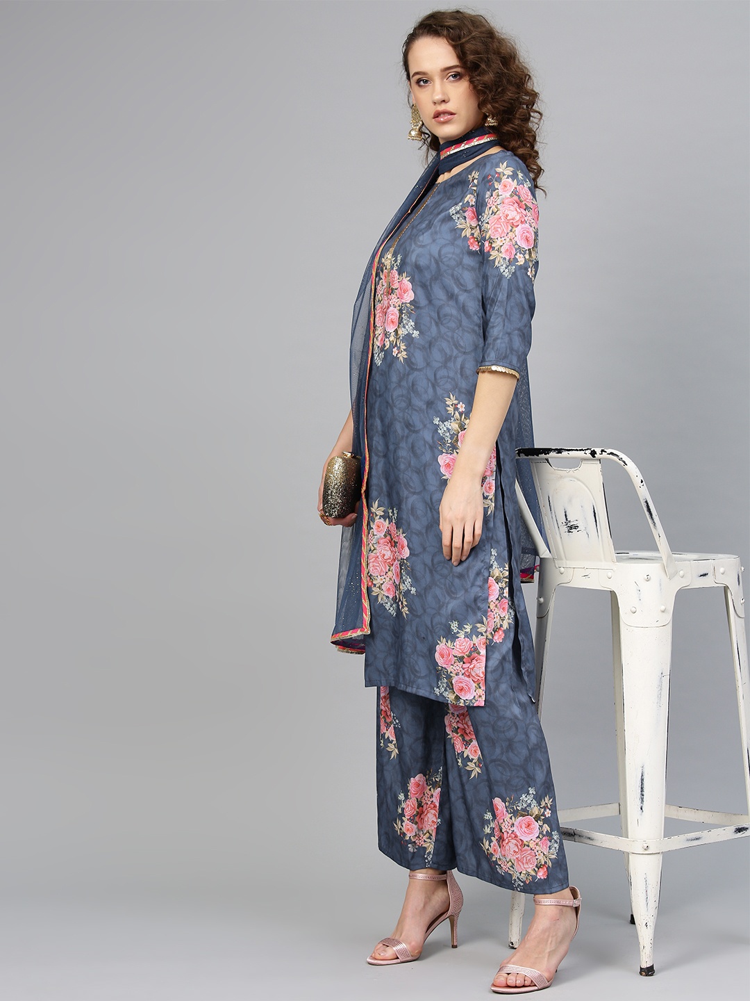 

Ahalyaa Women Blue & Pink Printed Kurta with Palazzos & Dupatta