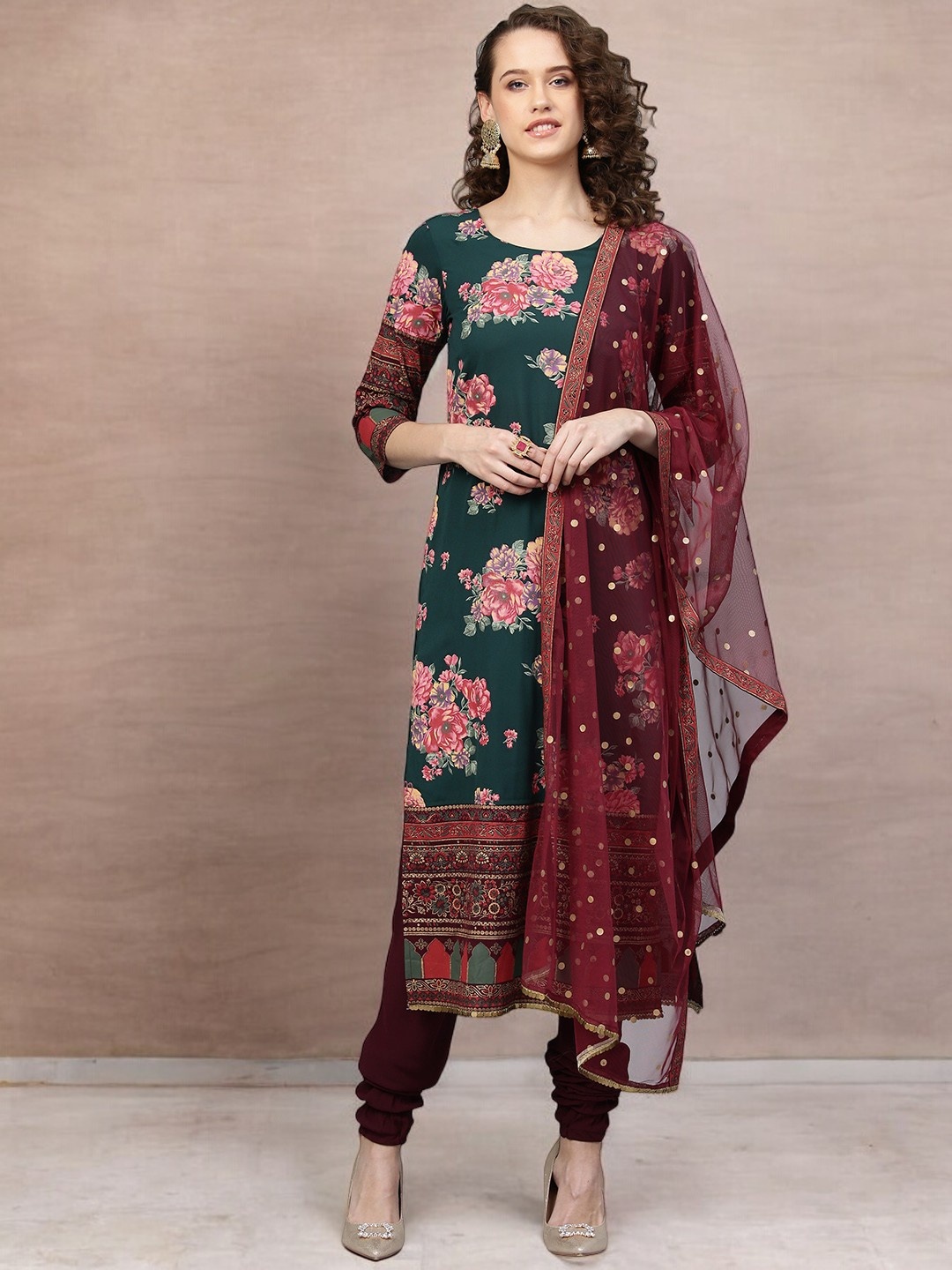 

Ahalyaa Women Green & Burgundy Printed Kurta with Churidar & Dupatta