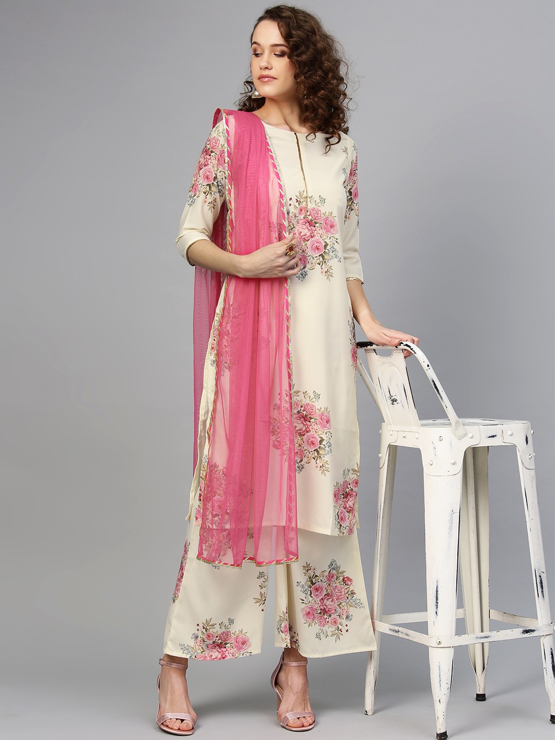

Ahalyaa Women Cream-Coloured & Pink Printed Kurta with Palazzos & Dupatta