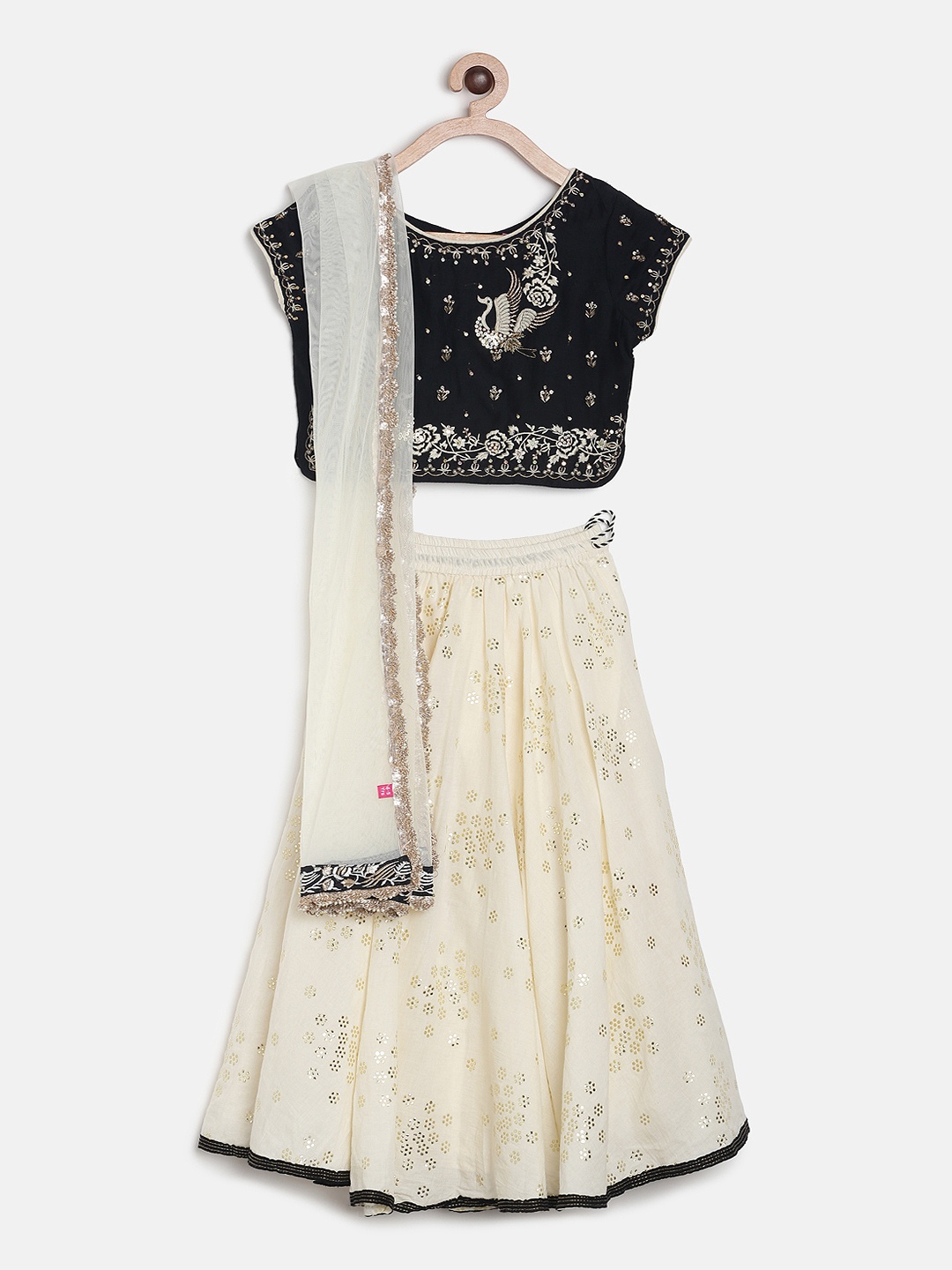 

Biba Girls Black & Off-White Embellished Ready to Wear Lehenga & Blouse with Dupatta