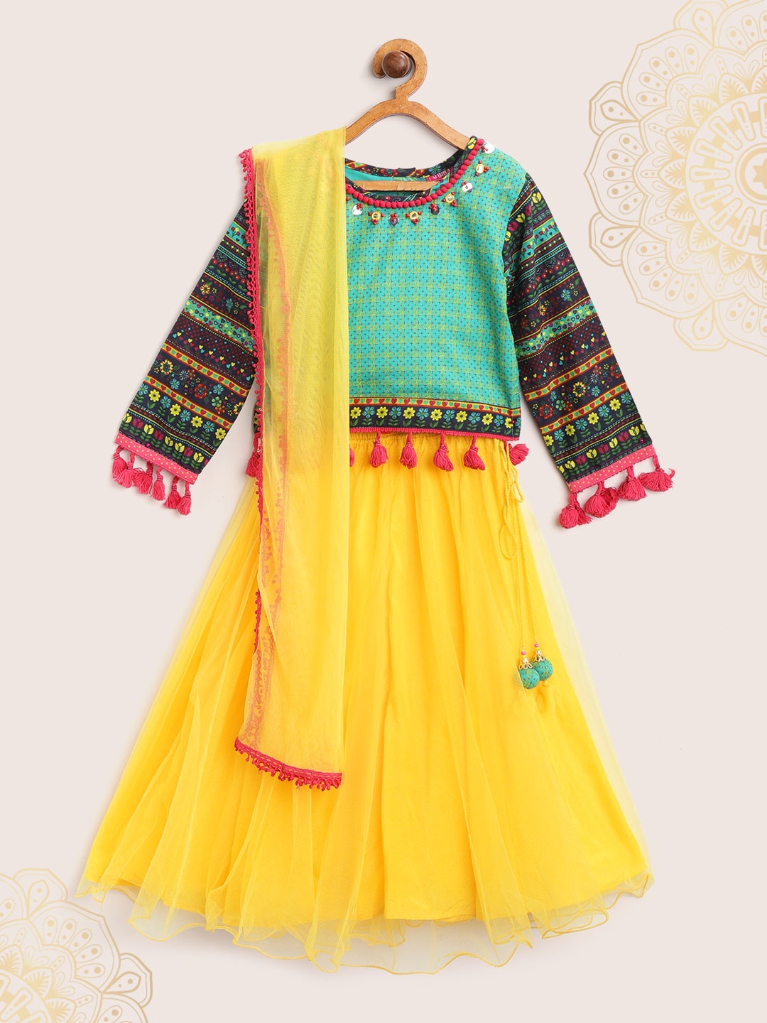 

Biba Girls Yellow & Green Printed Ready to Wear Lehenga & Blouse with Dupatta