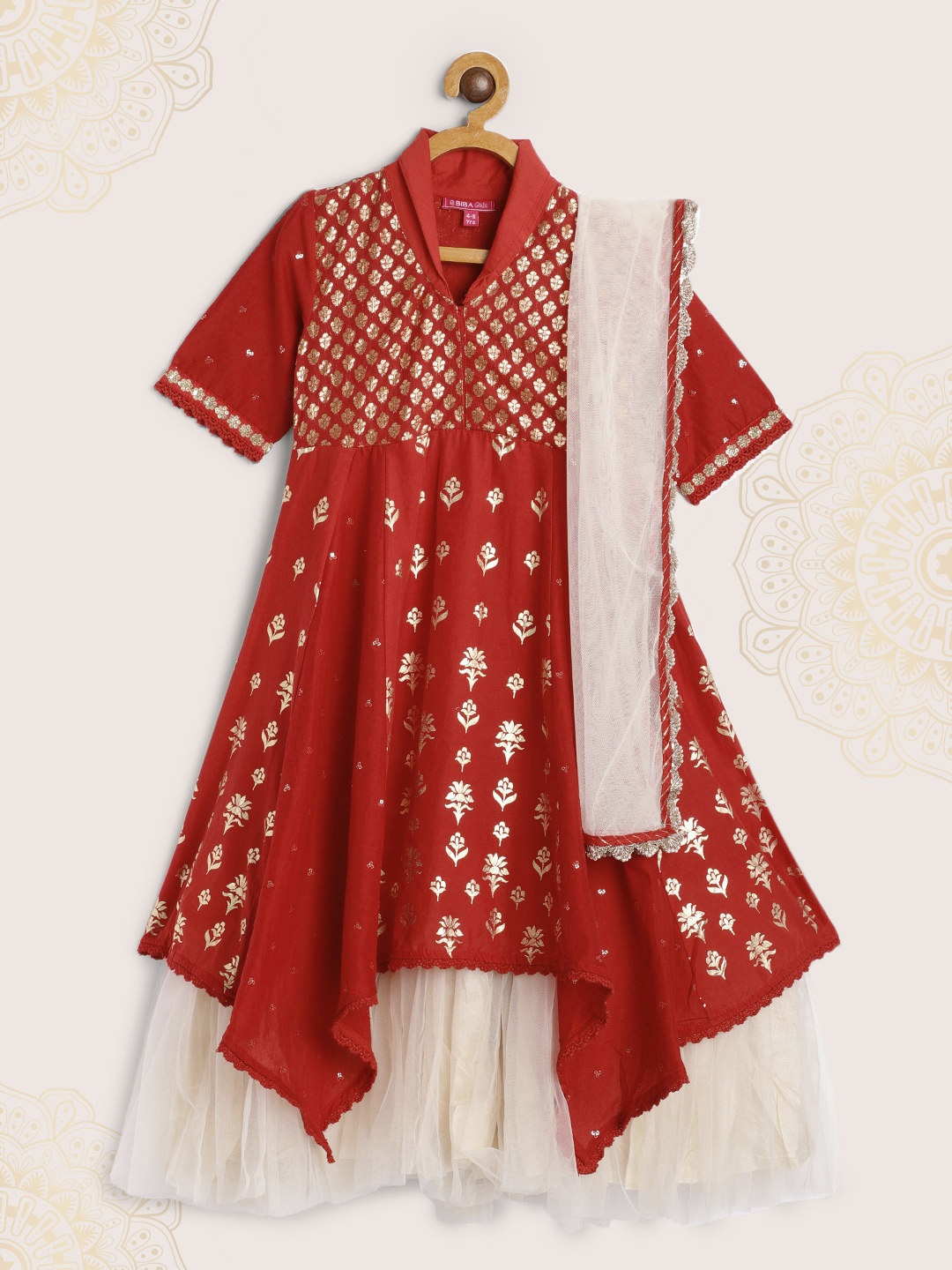

Biba Girls Red Empire Kurta with Skirt & With Dupatta