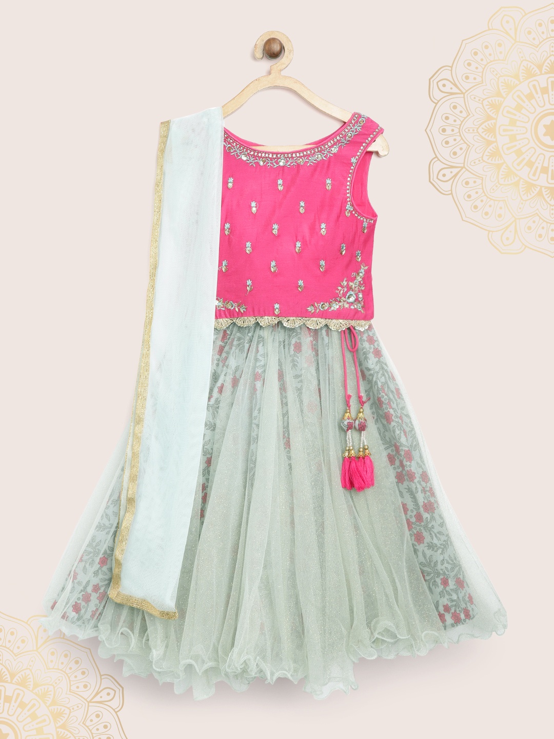 

Biba Girls Sea Green & Pink Embellished Ready to Wear Lehenga & Blouse with Dupatta