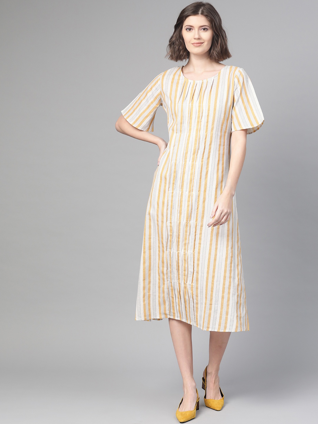 

Nayo Women Off-White & Mustard Yellow Striped A-Line Dress