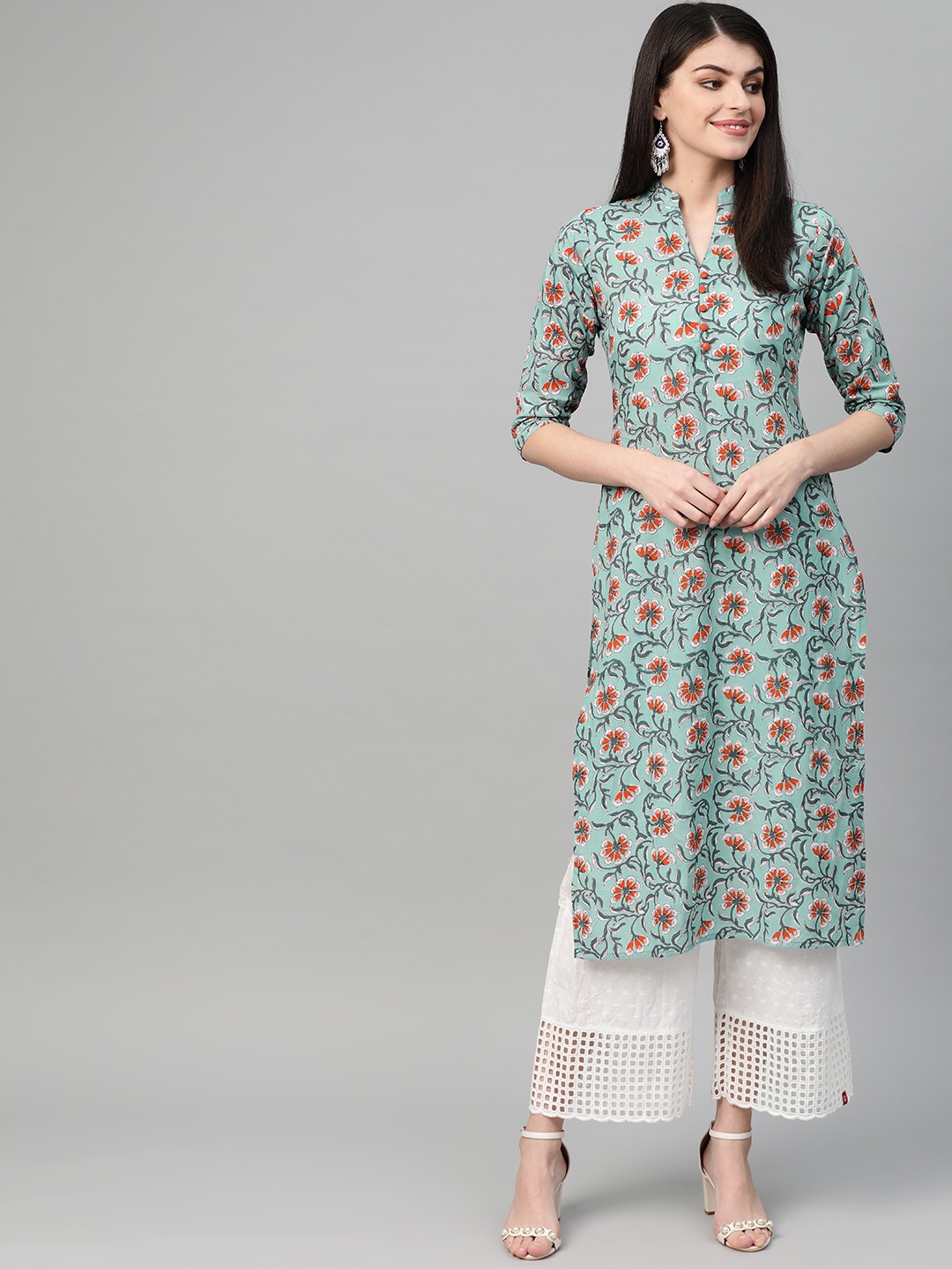 

Nayo Women Green & Orange Floral Print Straight Kurta