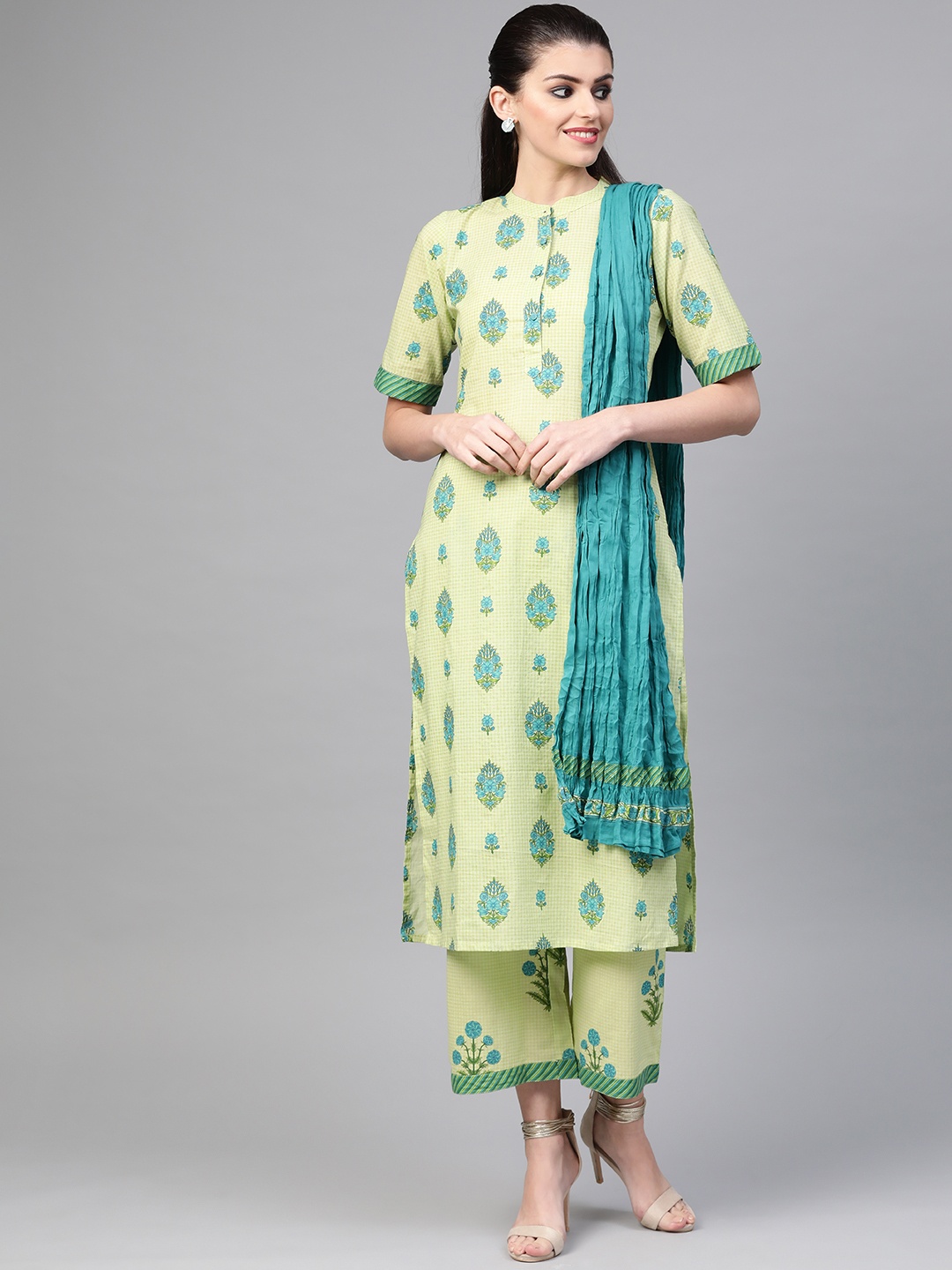

Nayo Women Green & Blue Printed Kurta with Palazzos & Dupatta