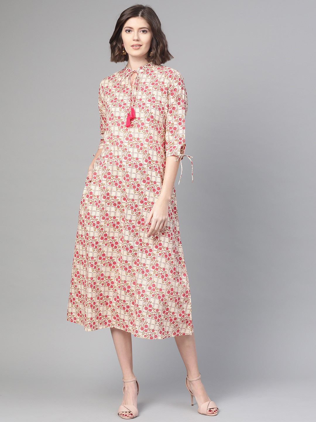

Nayo Women Beige & Pink Printed A-Line Dress