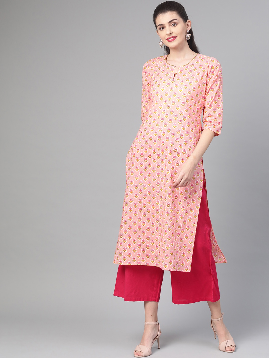 

Nayo Women Peach-Coloured & Green Printed Straight Kurta