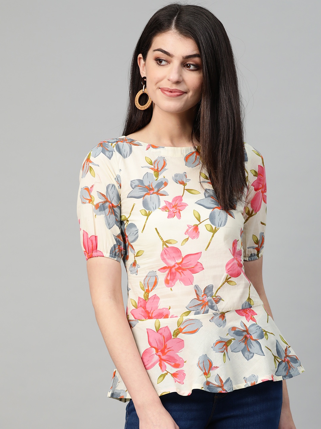 

Nayo Women Cream-Coloured & Pink Printed A-Line Top