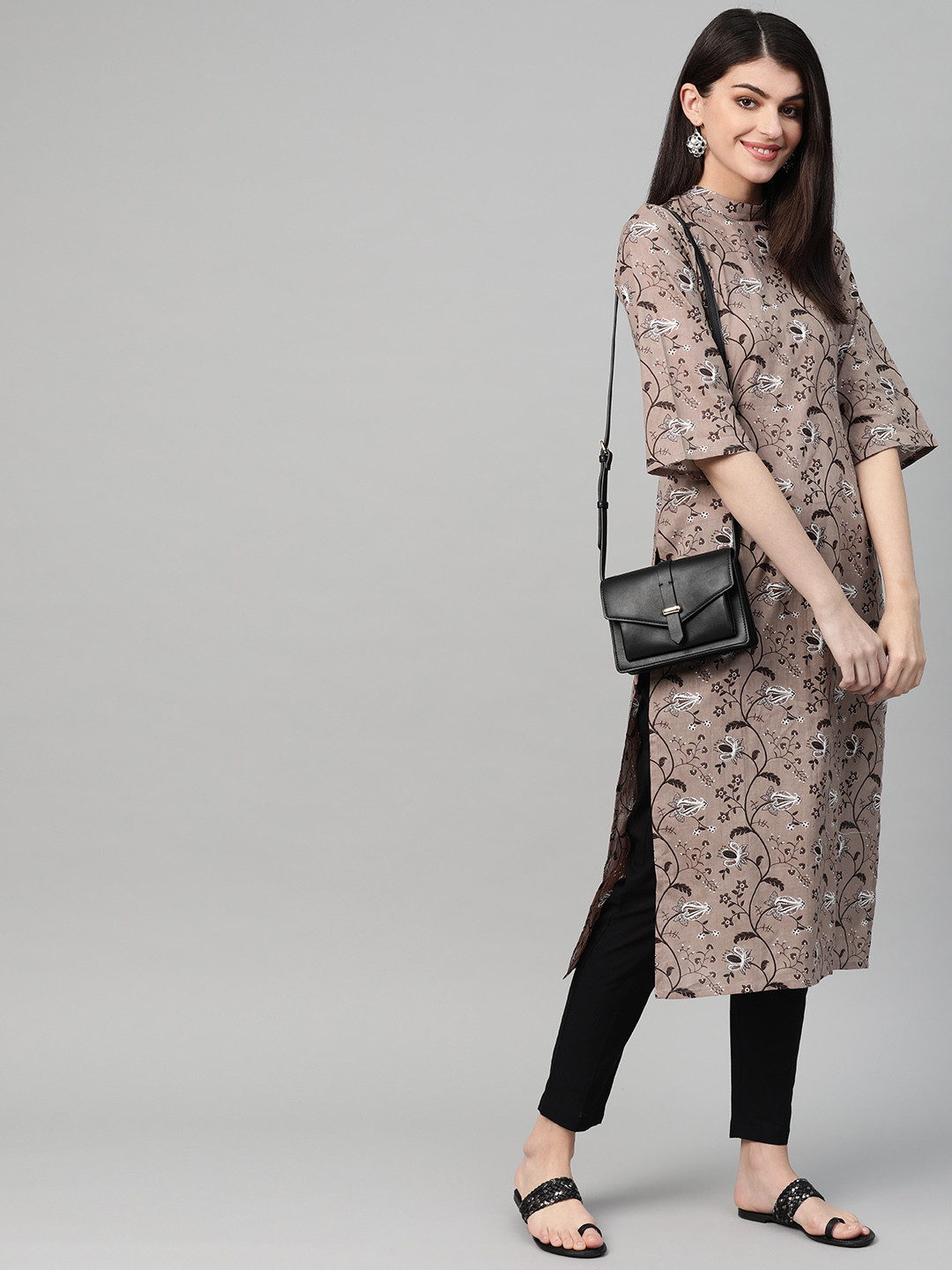 

Nayo Women Taupe & Black Printed Kurta with Trousers