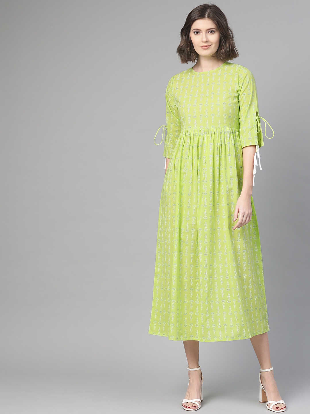 

Nayo Women Green & White Printed A-Line Dress