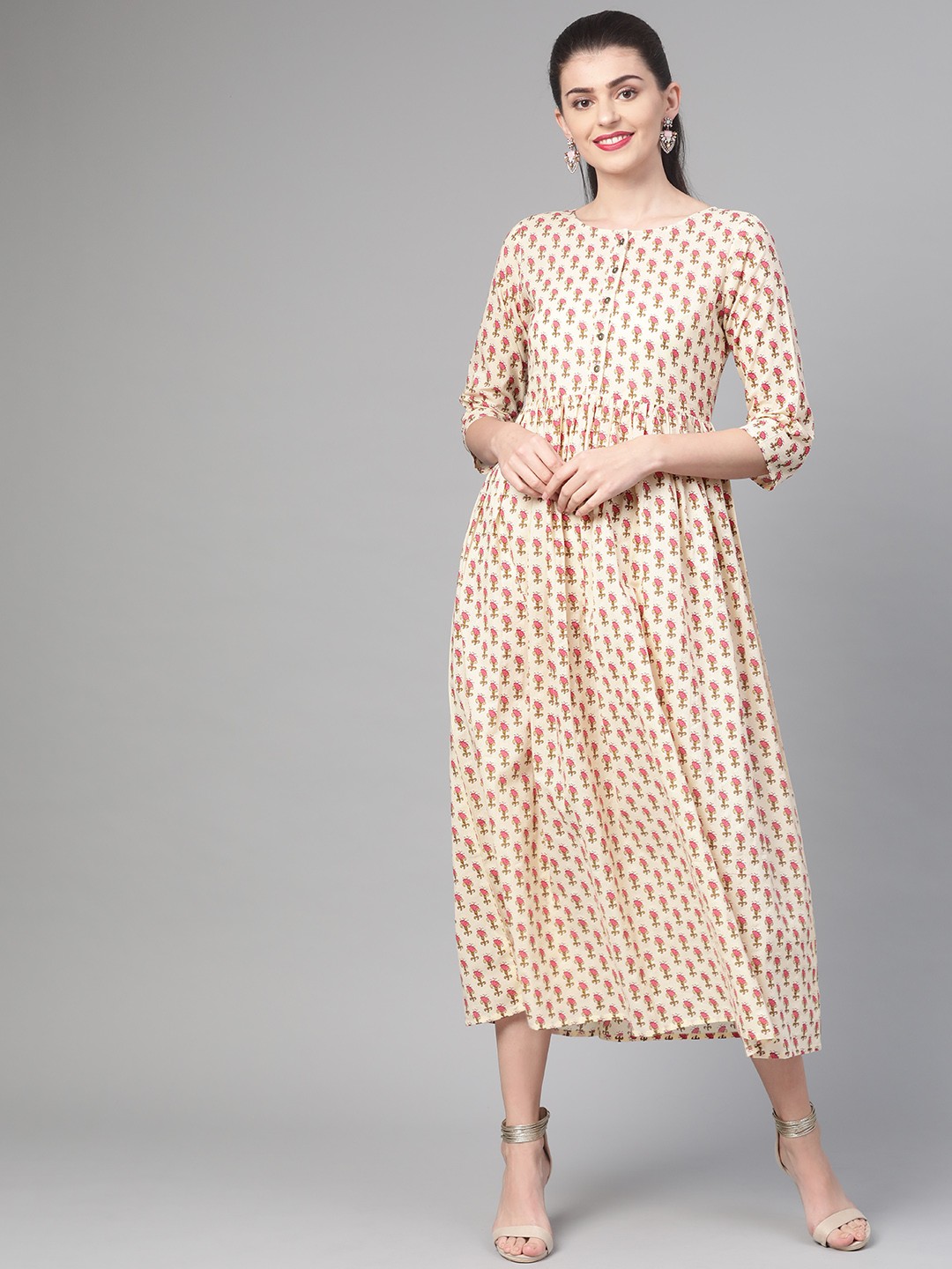 

Nayo Women Cream-Coloured & Pink Printed A-Line Dress