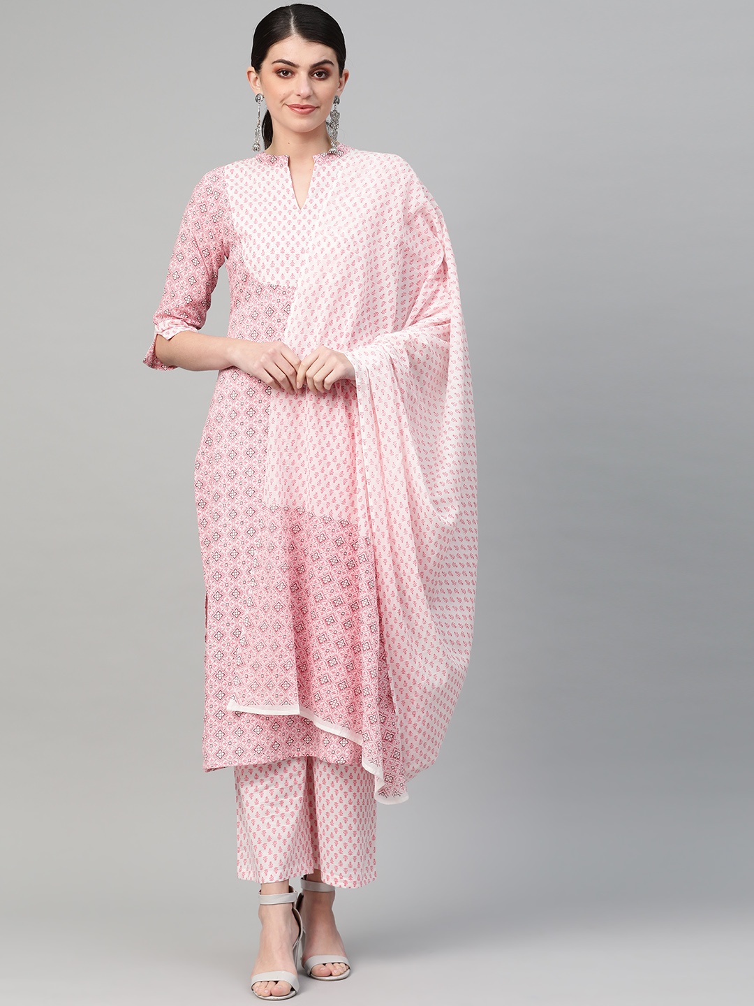 

Nayo Women Off-White & Pink Printed Kurta with Palazzos & Dupatta