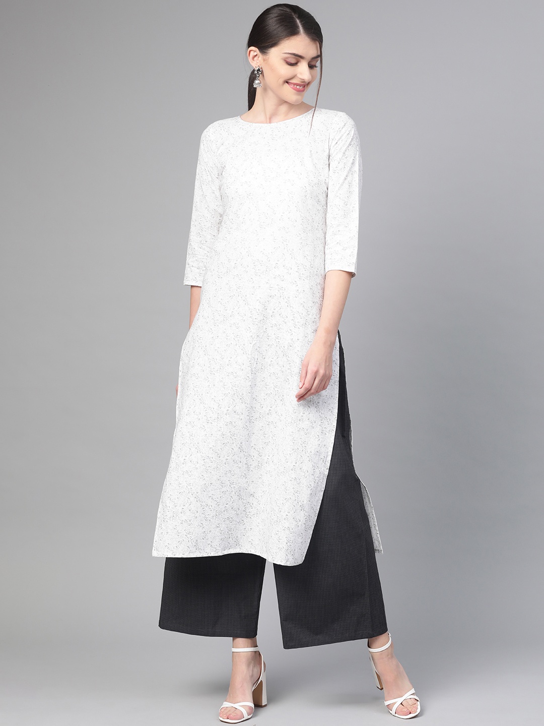 

Nayo Women White & Charcoal Grey Printed Kurta with Palazzos