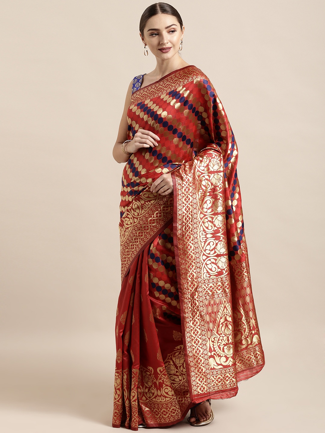 

Satrani Rust Red & Golden Poly Silk Woven Design Banarasi Saree