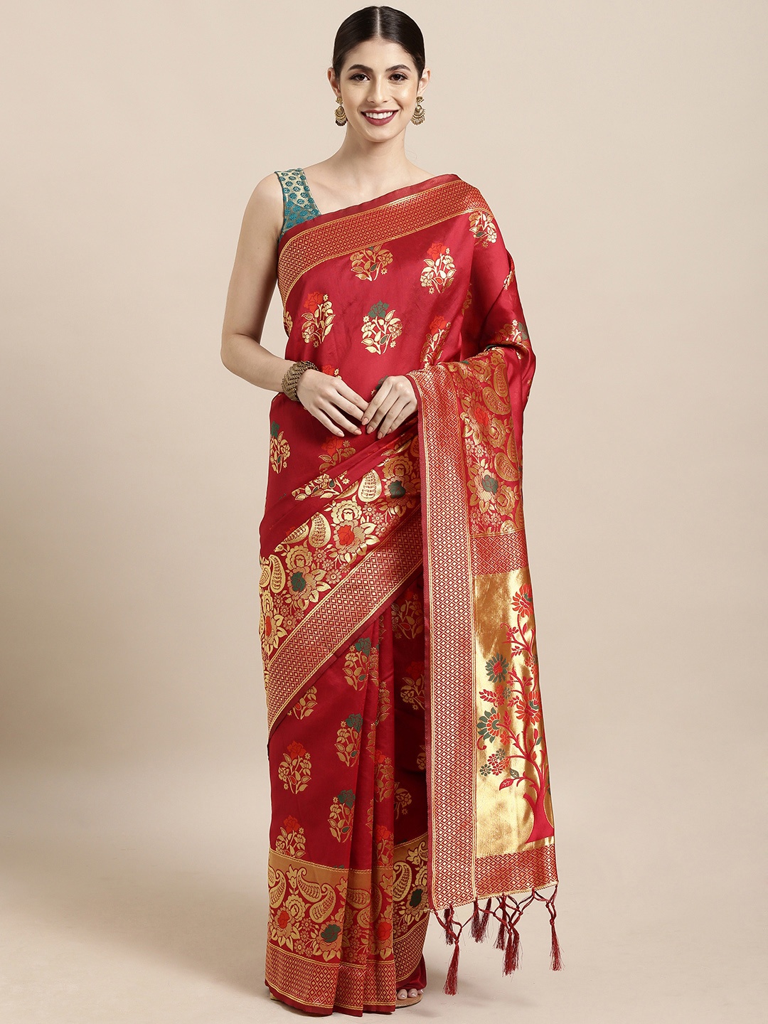 

Satrani Red Poly Silk Woven Design Banarasi Saree