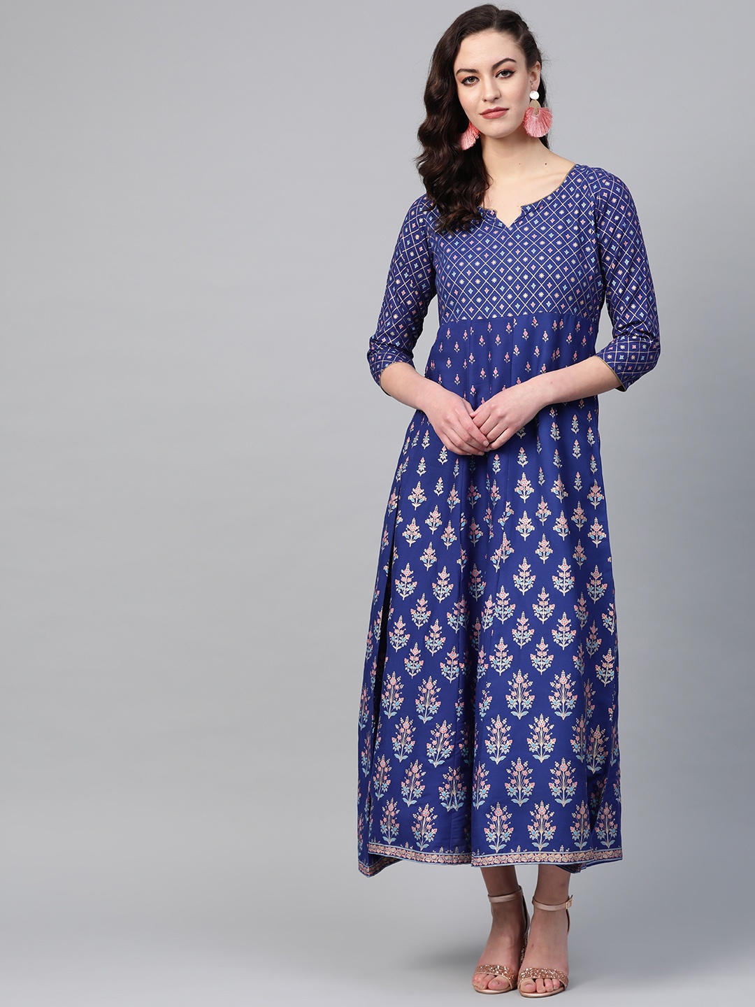 

Yuris Women Blue & Golden Printed Maxi Dress