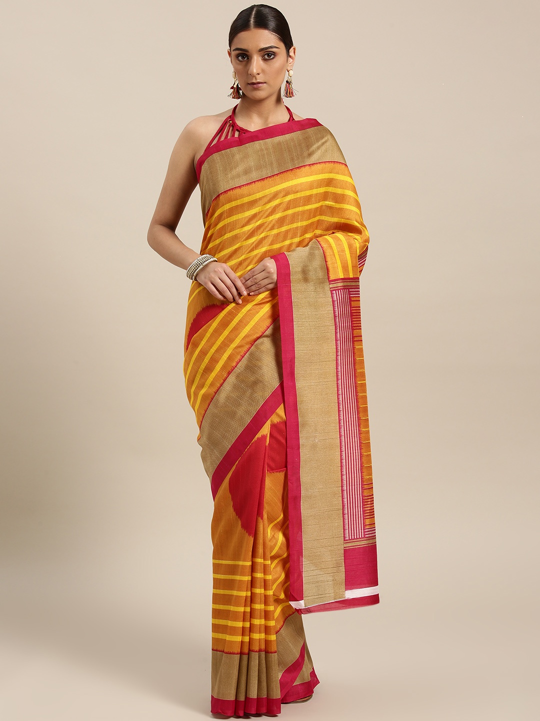 

Saree mall Mustard Yellow & Red Striped Bhagalpuri Saree