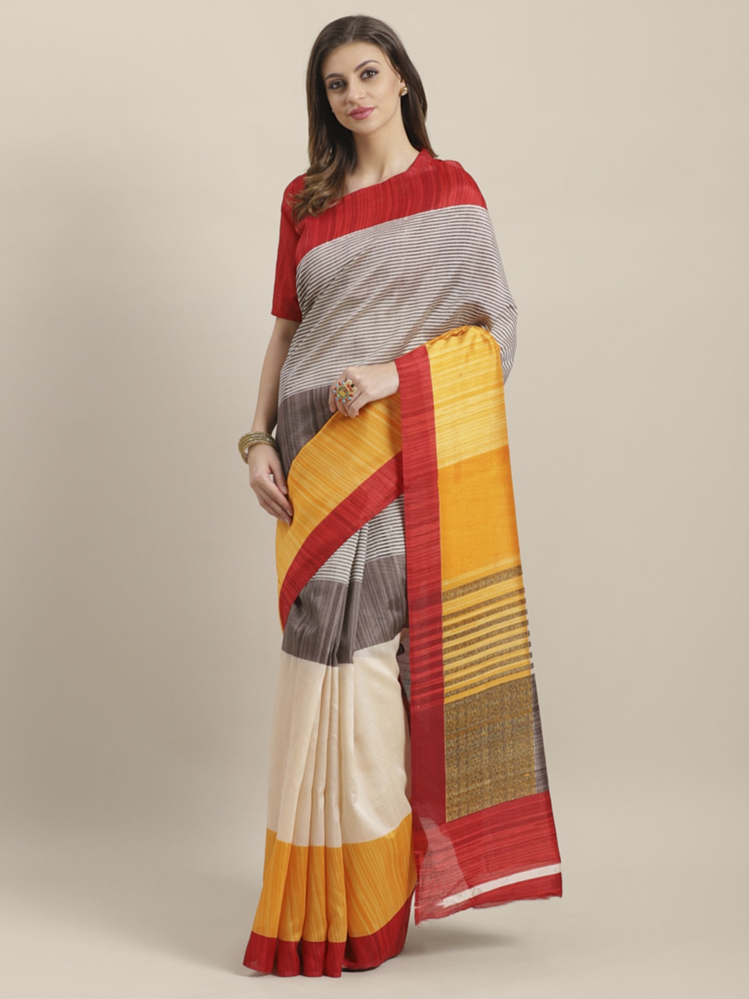 

Saree mall Cream-Coloured & Mustard Yellow Colourblocked Bhagalpuri Saree