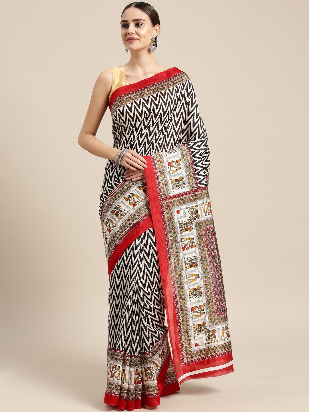 

Saree mall White & Black Printed Bhagalpuri Saree