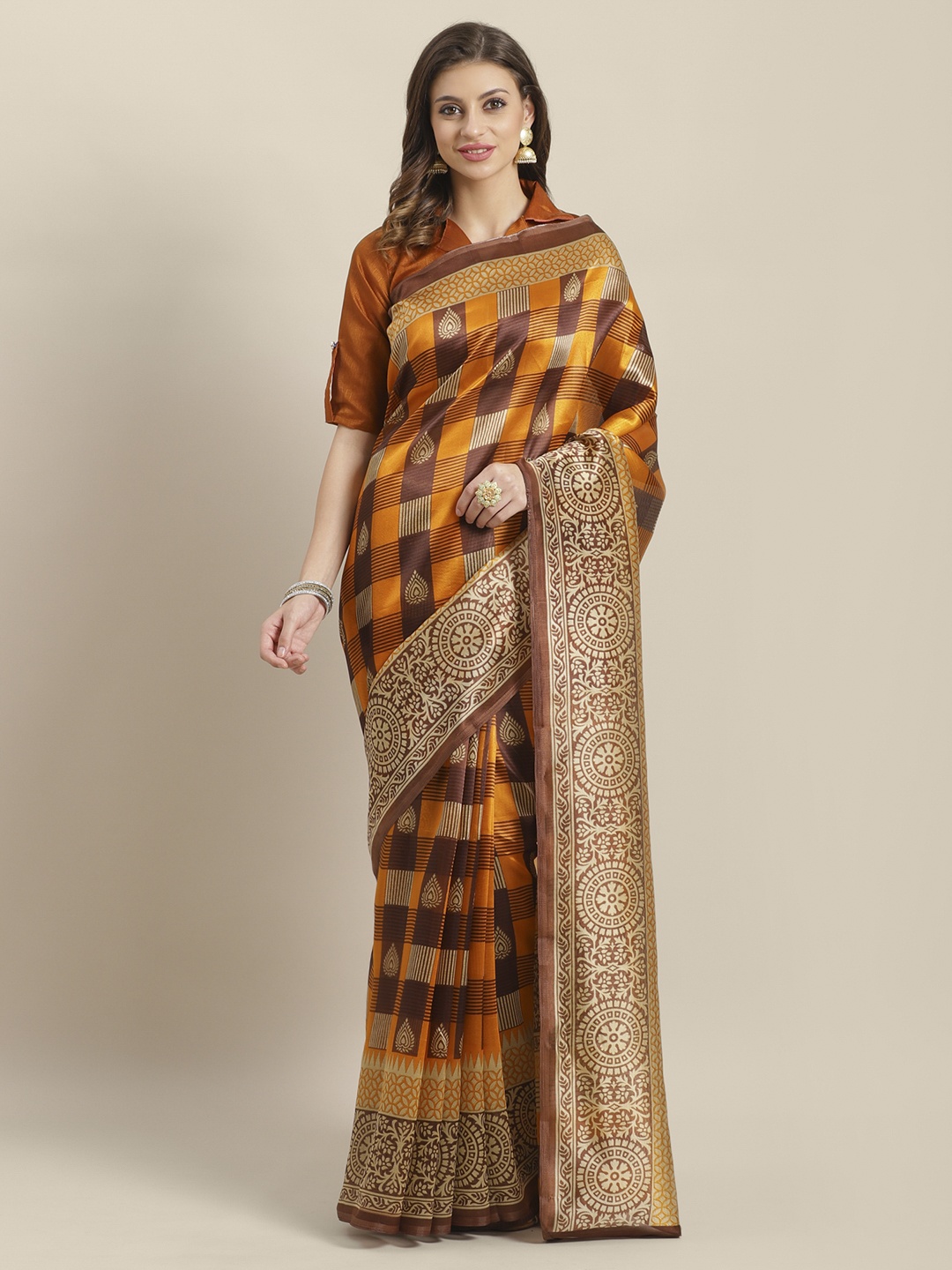 

Saree mall Brown& Mustard Yellow Printed Bhagalpuri Saree