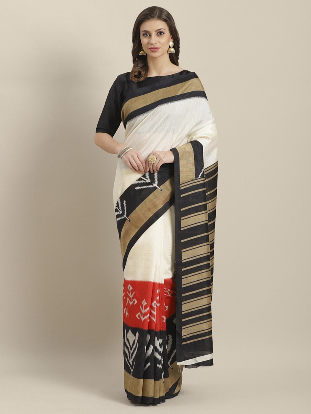 

Saree mall Cream-Coloured & Red Printed Bhagalpuri Saree