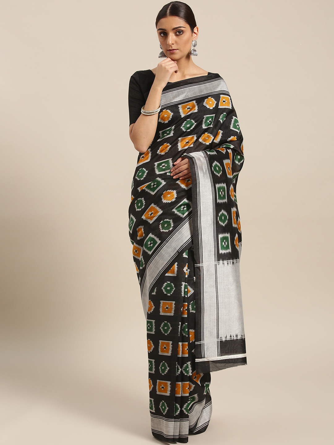 

Saree mall Black & Green Printed Bhagalpuri Saree