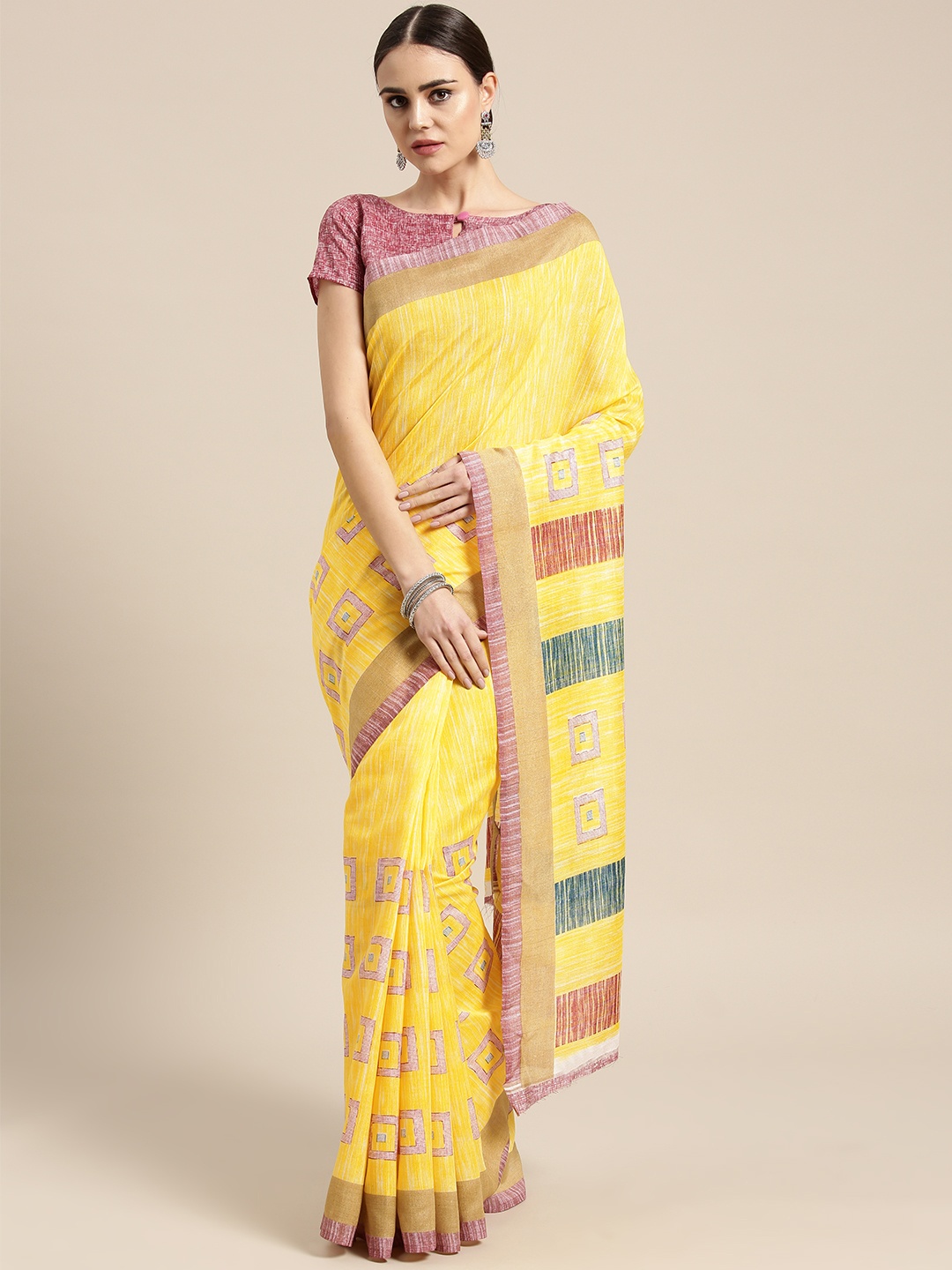

Saree mall Yellow & Red Printed Bhagalpuri Saree
