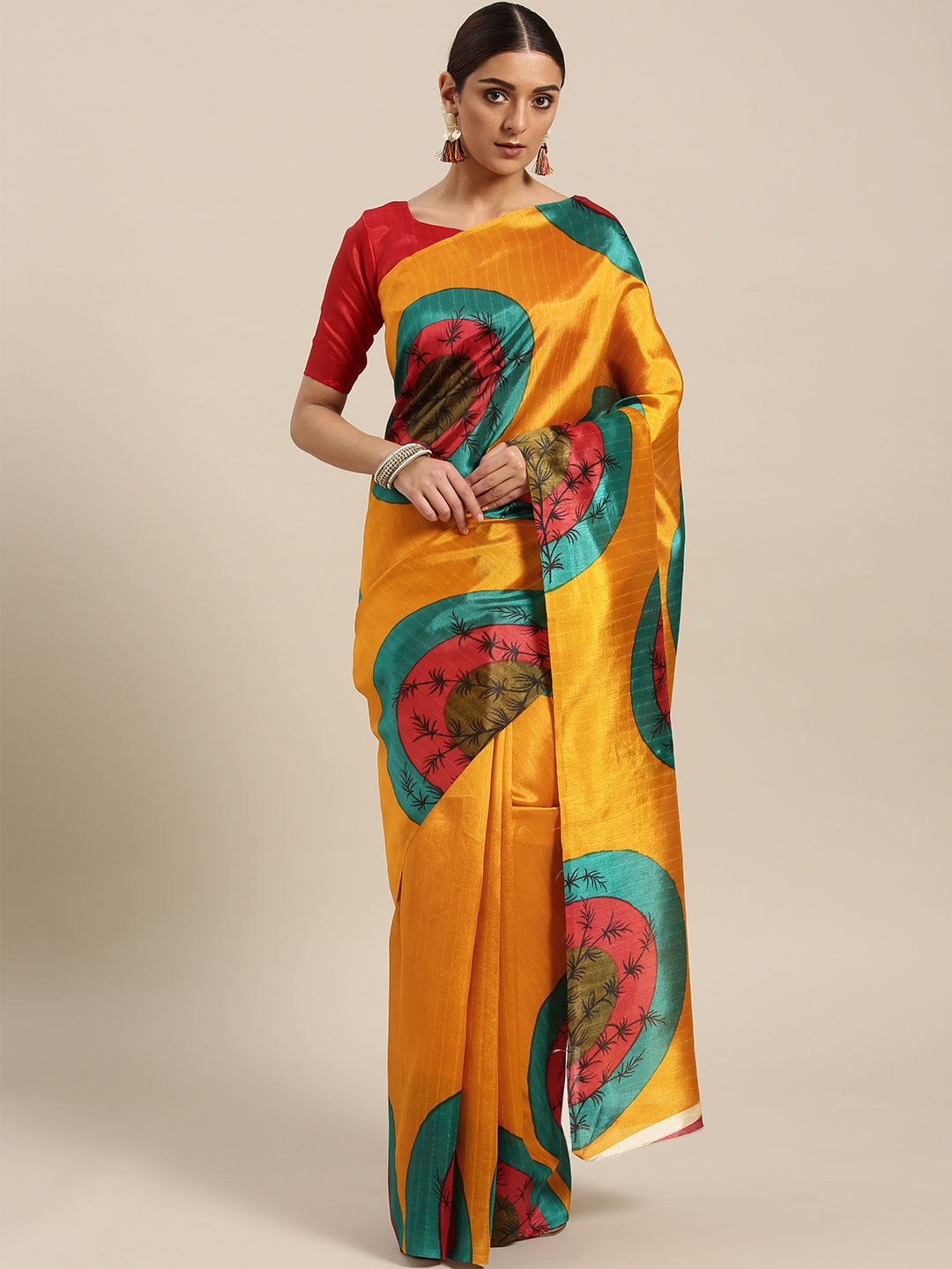 

Saree mall Mustard Yellow & Green Printed Bhagalpuri Saree