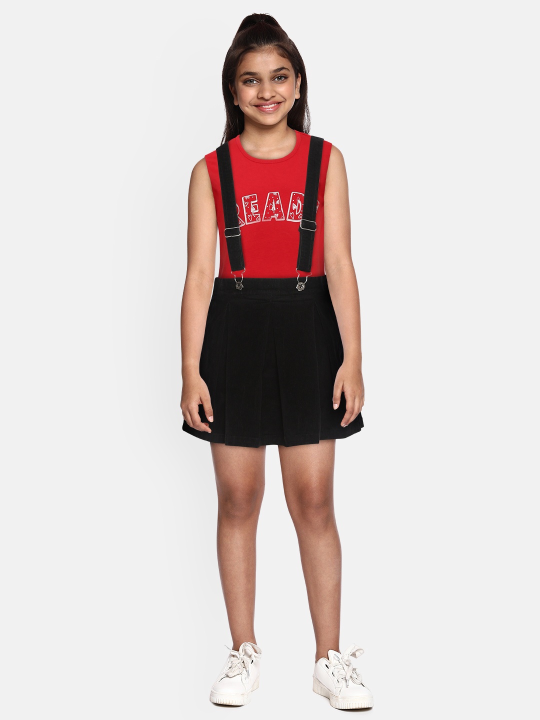

Gini and Jony Girls Black Solid Corduroy A-Line Skirt with Attached Suspenders