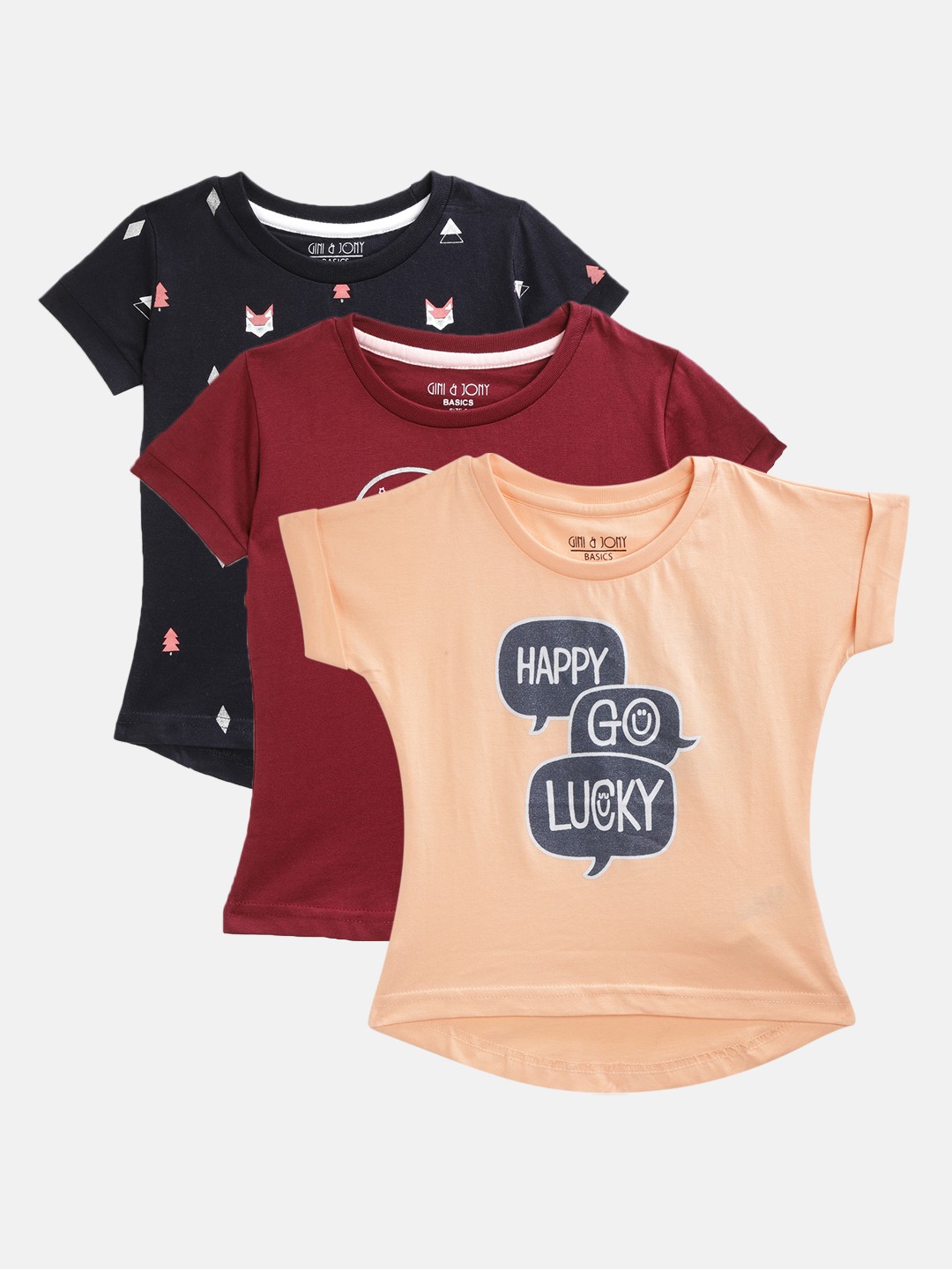 

Gini and Jony Girls Pack of 3 Printed Round Neck Pure Cotton T-shirts, Peach