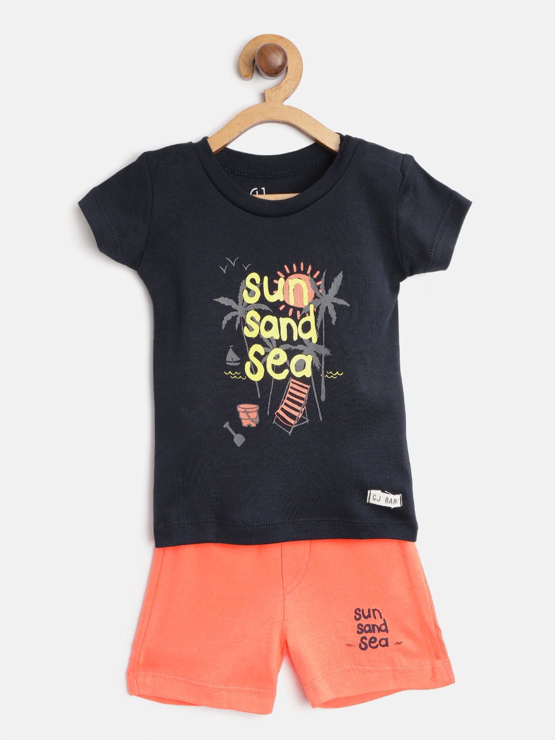 

Gini and Jony Boys Navy Blue & Coral Orange Pure Cotton Printed T-shirt with Shorts