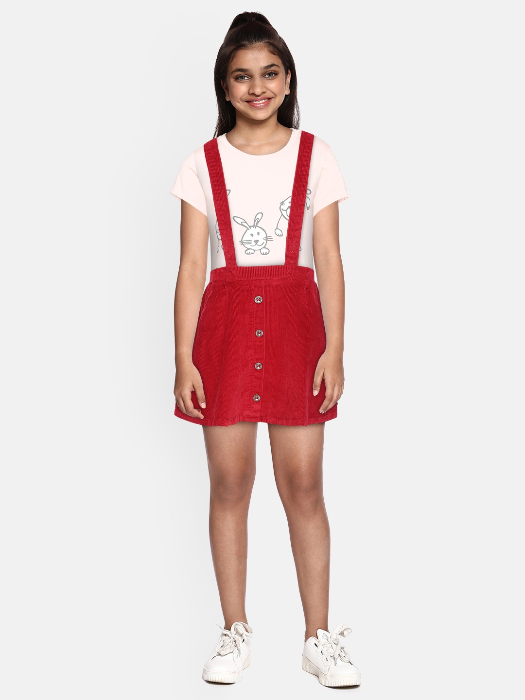 

Gini and Jony Girls Red Solid Corduroy A-Line Skirt with Attached Suspenders