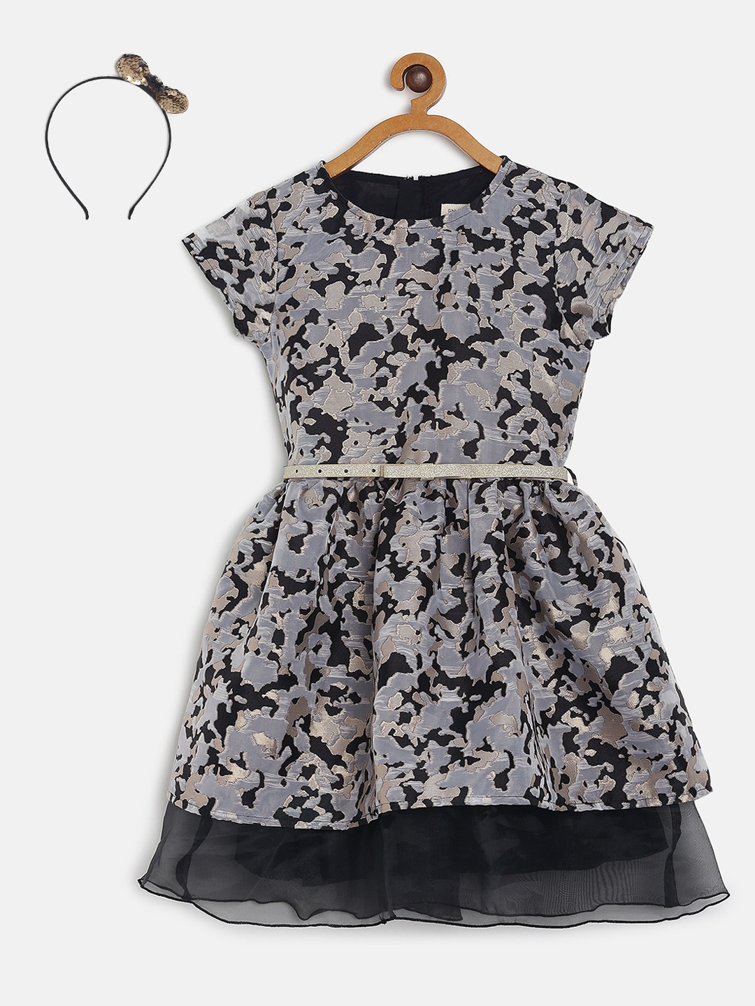 

Gini and Jony Girls Black & Grey Woven Design Fit and Flare Dress with Hairband