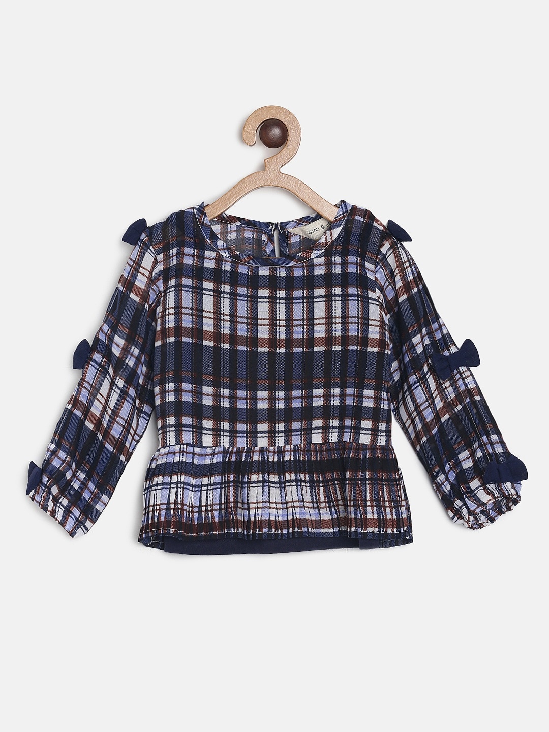 

Gini and Jony Girls Navy Blue & Brown Checked Pure Cotton Top
