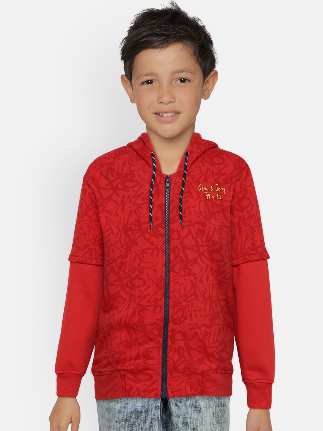 

Gini and Jony Boys Red Printed Hooded Open Front Jacket