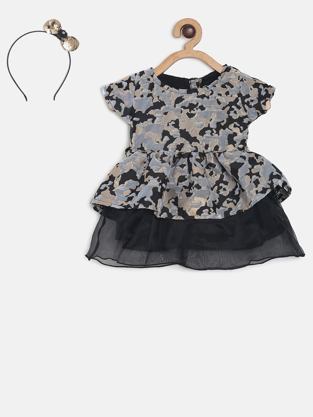 

Gini and Jony Girls Black & Grey Self Design Fit and Flare Dress